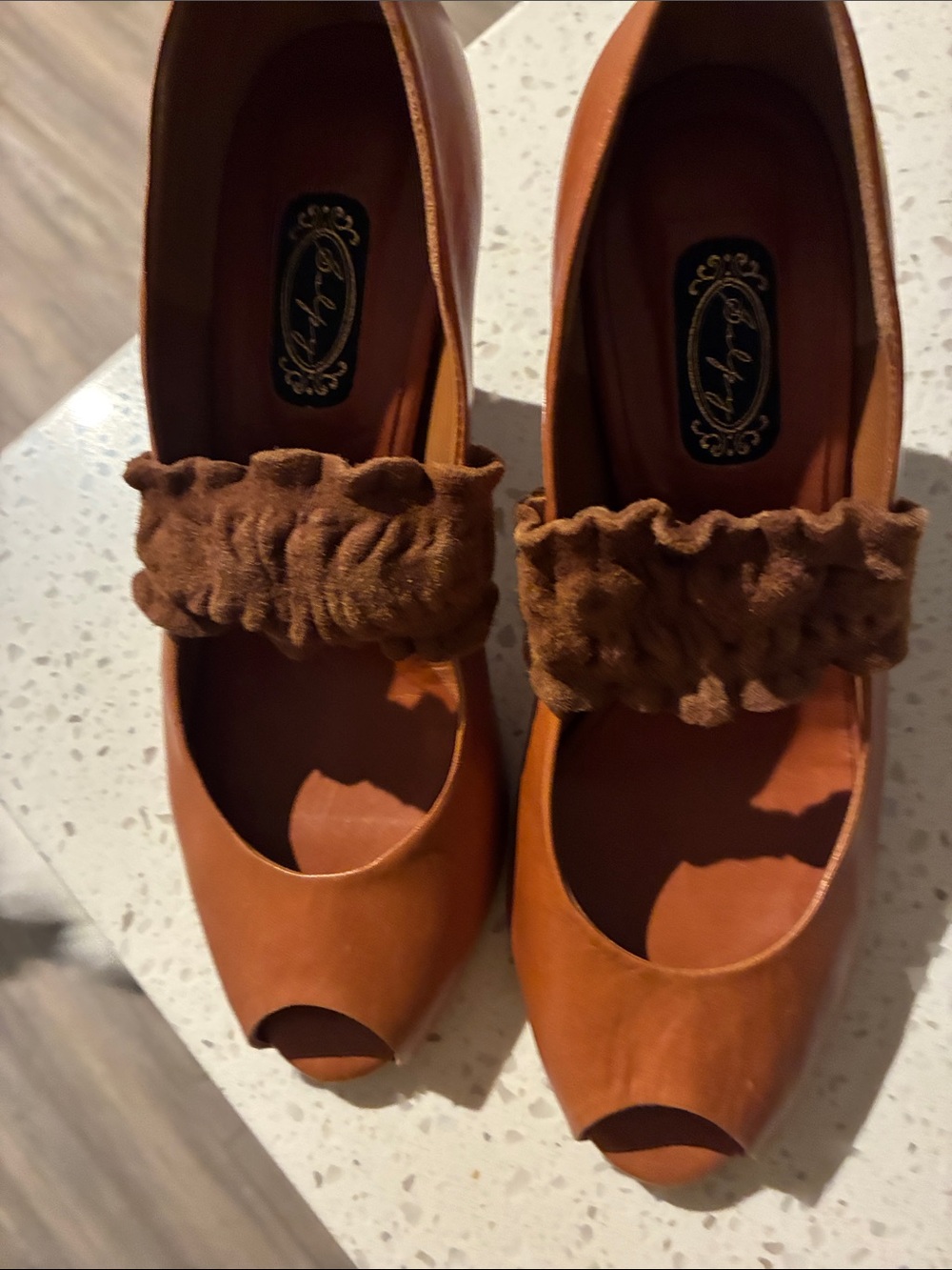 J. Crew Tan Brown Peep-Toe Heels with Ruched Suede Strap
